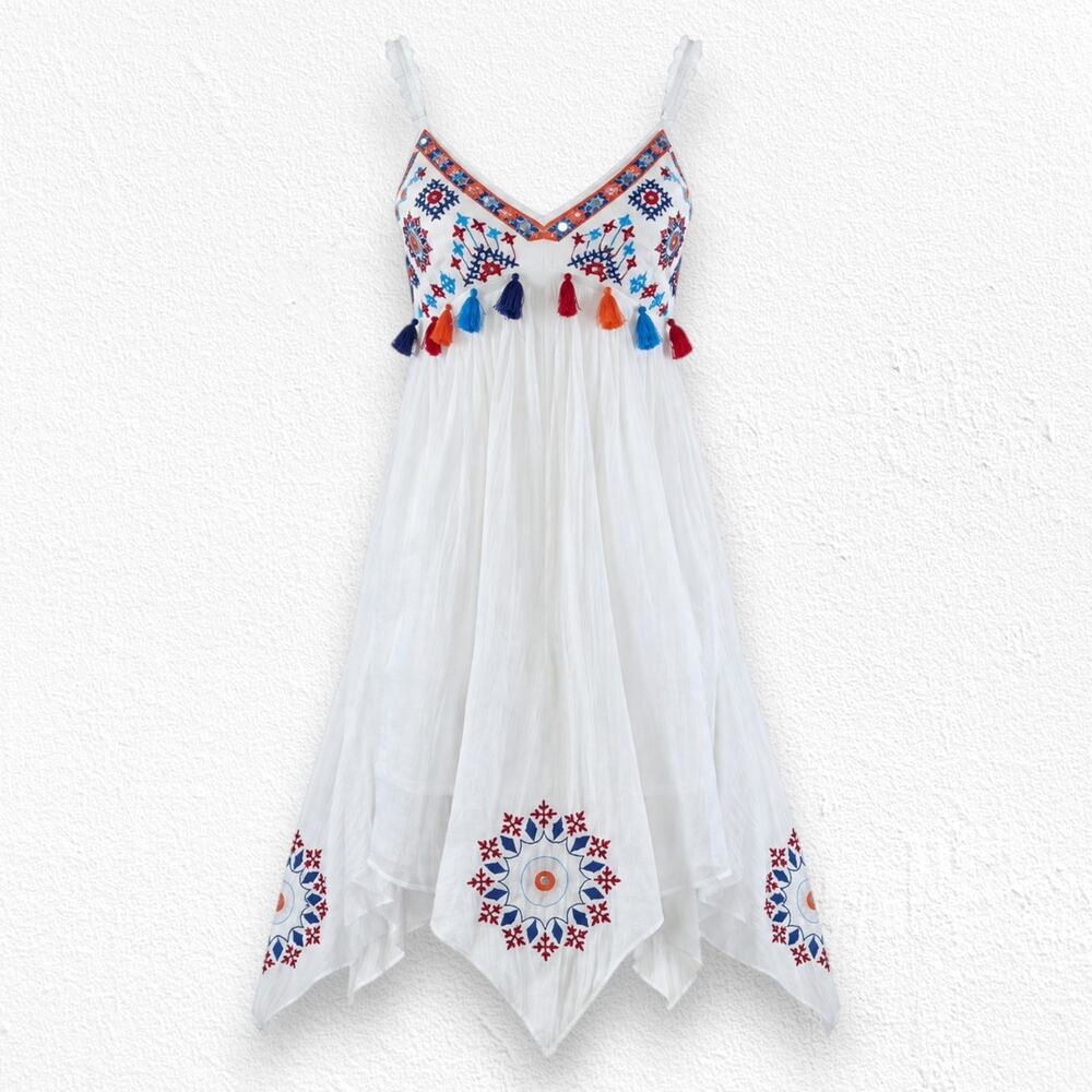 AREA Stars White Embroidered Tassel Boho Handkerchief Dress Size Medium NWT